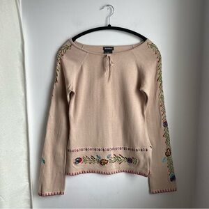 Boho embroidered Beige knit top with Folk details size S